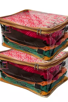Atorakushon Transparent Saree Cover Garments Storage Bags Wardrobe Organizer Pack of 2 (Golden)