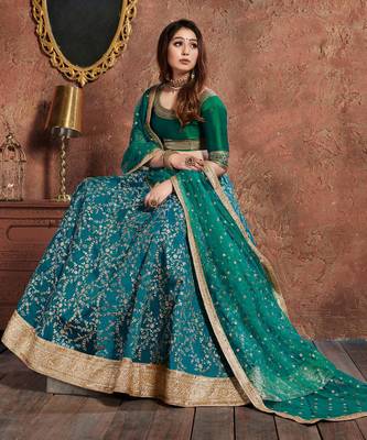 turquoise embroidered silk lehenga 1