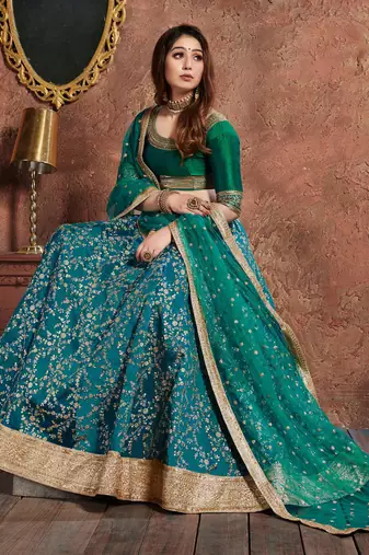 Turquoise Embroidered Silk Semi Stitched Lehenga