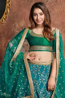 turquoise embroidered silk lehenga
