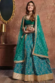 turquoise embroidered silk lehenga