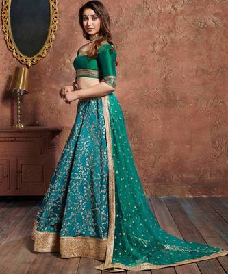 turquoise embroidered silk lehenga 4