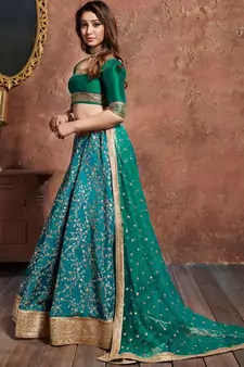 turquoise embroidered silk lehenga