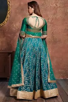 turquoise embroidered silk lehenga
