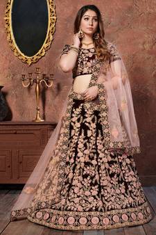 Maroon Embroidered Velvet Semi Stitched Lehenga