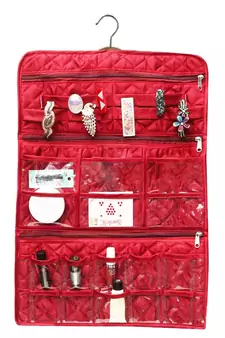 atorakushon Satin Maroon Hanging Make Up Cosmetic Pouch Jewellery Organiser Necklace Pouches Traveling Kit for Women