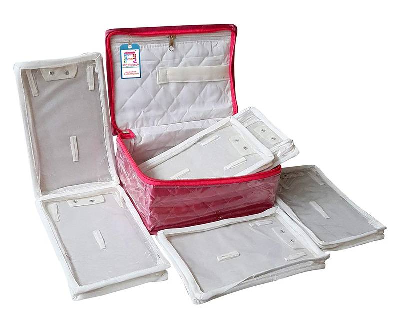 atorakushon   Satin Makeup Pouches Cosmetic With 6 Necklace Earrings Vanity Jewellery Organizer For Women's Pink