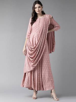 Light-pink printed polyester ethnic-kurtis 1