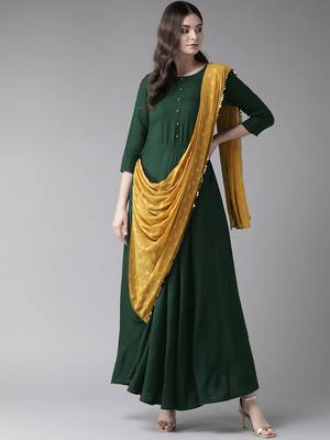 Dark-green printed rayon ethnic-kurtis 1