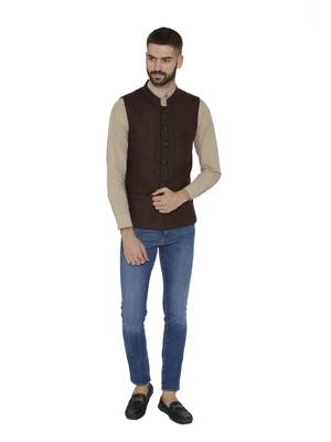Brown Woven Wool Nehru Jacket 1