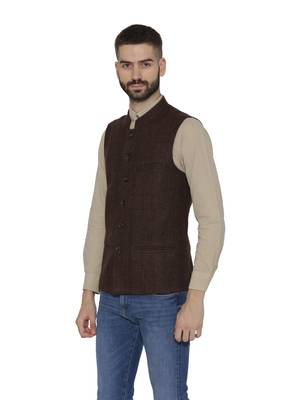 Brown Woven Wool Nehru Jacket 4