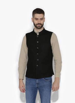 Black Woven Wool Nehru Jacket 1