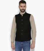 Black Woven Wool Nehru Jacket