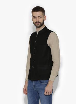 Black Woven Wool Nehru Jacket 2