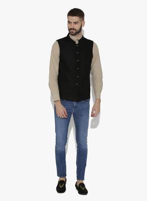 Black Woven Wool Nehru Jacket 4