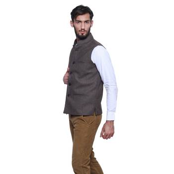 Brown Woven Wool Nehru Jacket 3