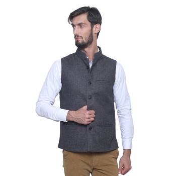 Black Woven Wool Nehru Jacket 1