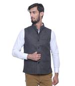 Black Woven Wool Nehru Jacket