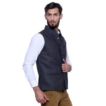 Black Woven Wool Nehru Jacket 2