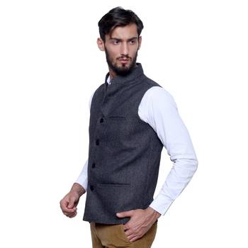 Black Woven Wool Nehru Jacket 3