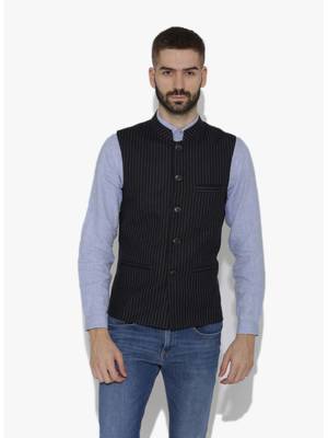 Black Woven Wool Nehru Jacket 1