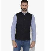 Black Woven Wool Nehru Jacket