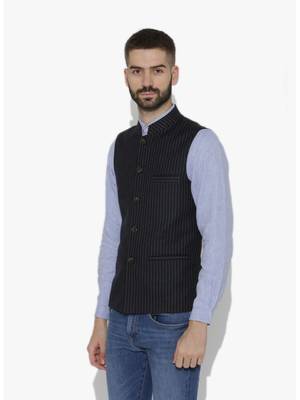 Black Woven Wool Nehru Jacket 3