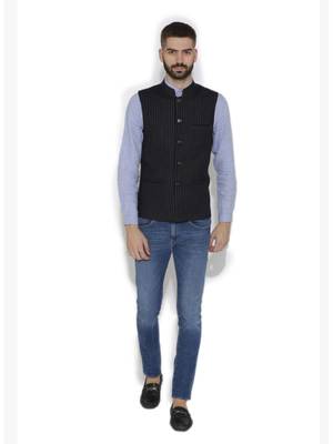 Black Woven Wool Nehru Jacket 4