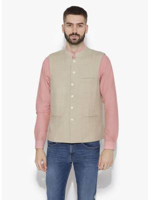 Beige Woven Wool Nehru Jacket 1