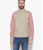 Beige Woven Wool Nehru Jacket