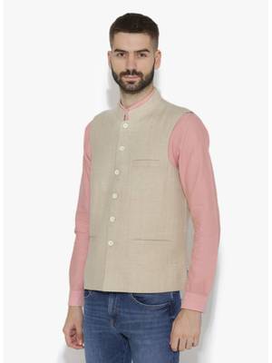 Beige Woven Wool Nehru Jacket 3