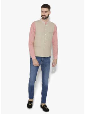 Beige Woven Wool Nehru Jacket 4