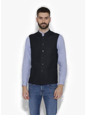 Blue Woven Wool Nehru Jacket 1