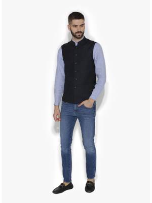 Blue Woven Wool Nehru Jacket 4
