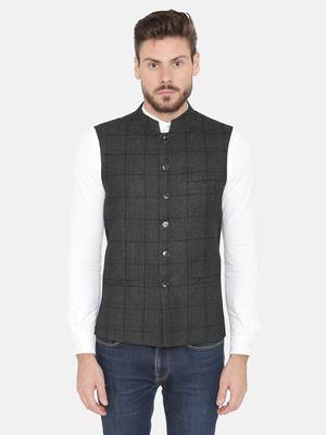 Black Woven Wool Nehru Jacket 1