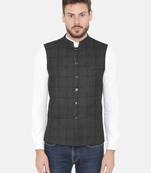 Black Woven Wool Nehru Jacket