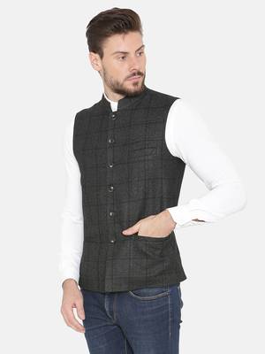 Black Woven Wool Nehru Jacket 2