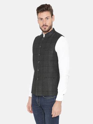 Black Woven Wool Nehru Jacket 3
