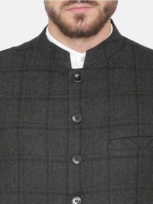 Black Woven Wool Nehru Jacket 5