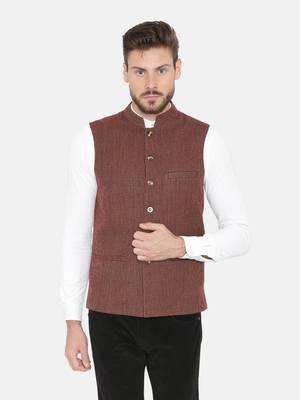 Red Woven Wool Nehru Jacket 2