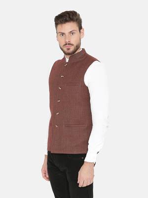 Red Woven Wool Nehru Jacket 4