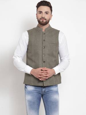 Green Woven Wool Nehru Jacket 1