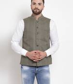 Green Woven Wool Nehru Jacket