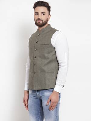 Green Woven Wool Nehru Jacket 2