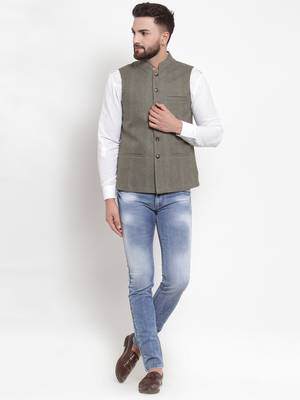 Green Woven Wool Nehru Jacket 3