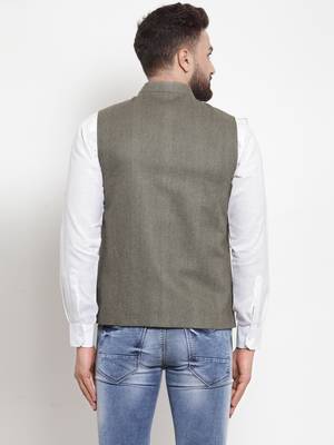 Green Woven Wool Nehru Jacket 4