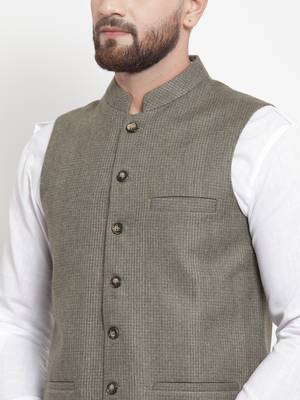 Green Woven Wool Nehru Jacket 5