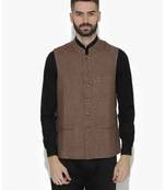Brown Woven Wool Nehru Jacket