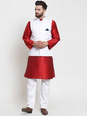 White Woven Dupion Silk Nehru Jacket 1