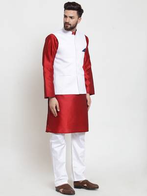 White Woven Dupion Silk Nehru Jacket 4